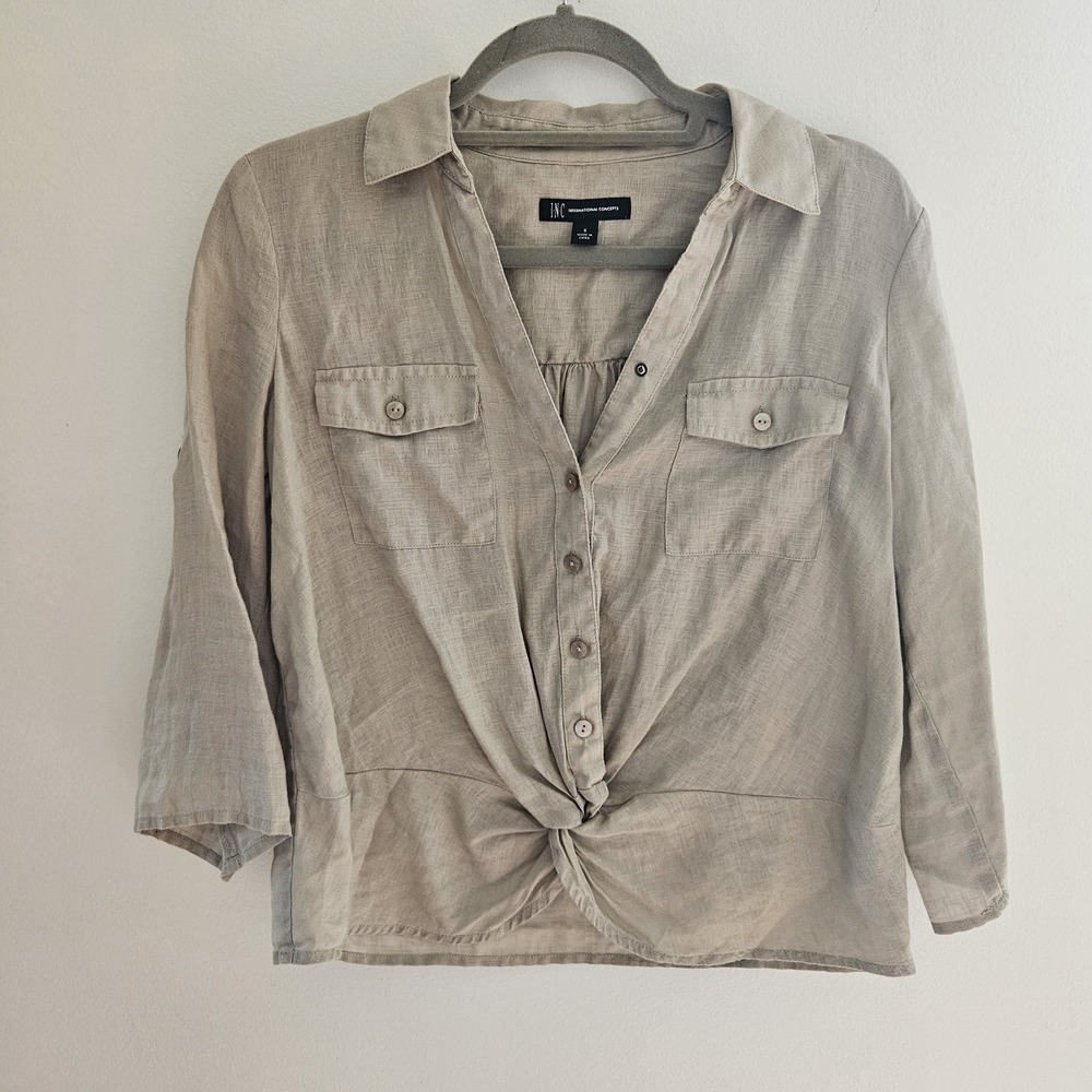 INC International Concepts Shirt S Beige Tan Linen Twist Tie Roll Tab Minimalist